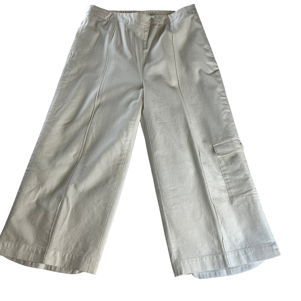 Coldwater Creek Linen Blend White Wide Leg Pants Womens L Elastic‎ Waist Casual